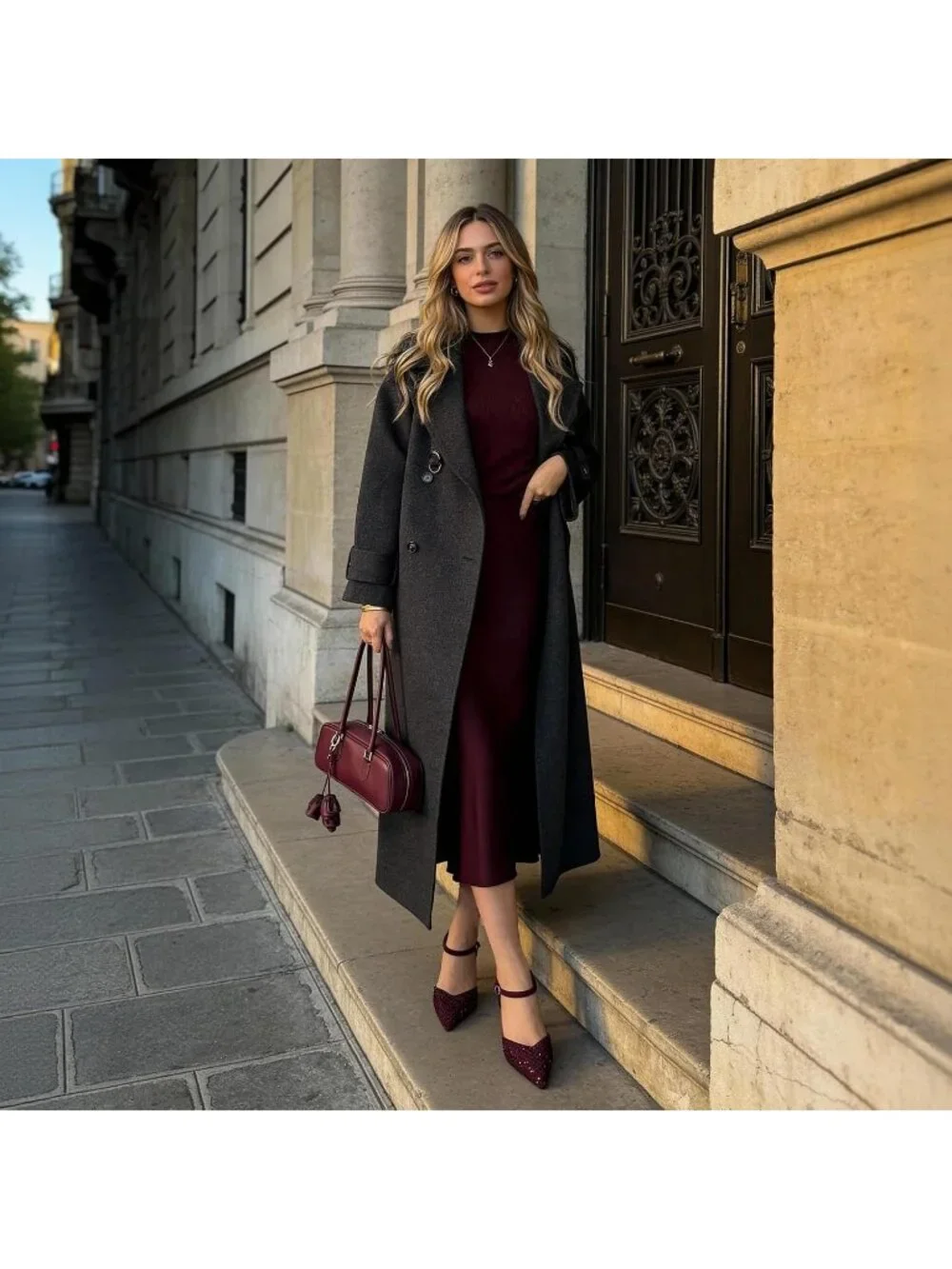 Women's Burgundy Faux Suede Rhinestone Ankle Strap Closed Toe Kitten Heels Pumps